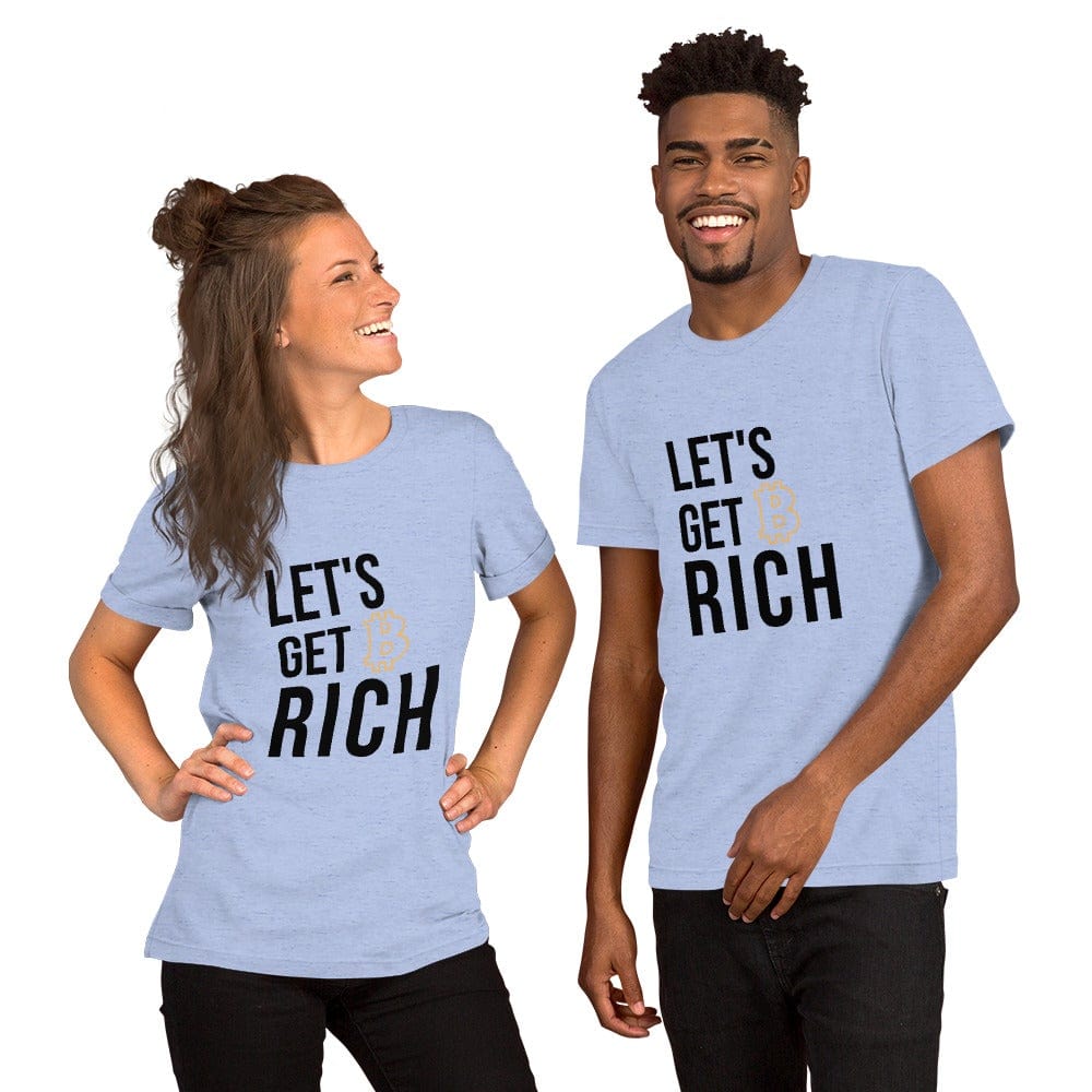 CryptoApparel.cool Heather Blue / S Short-Sleeve Unisex 'Let's Get Rich Bitcoin' T-Shirt
