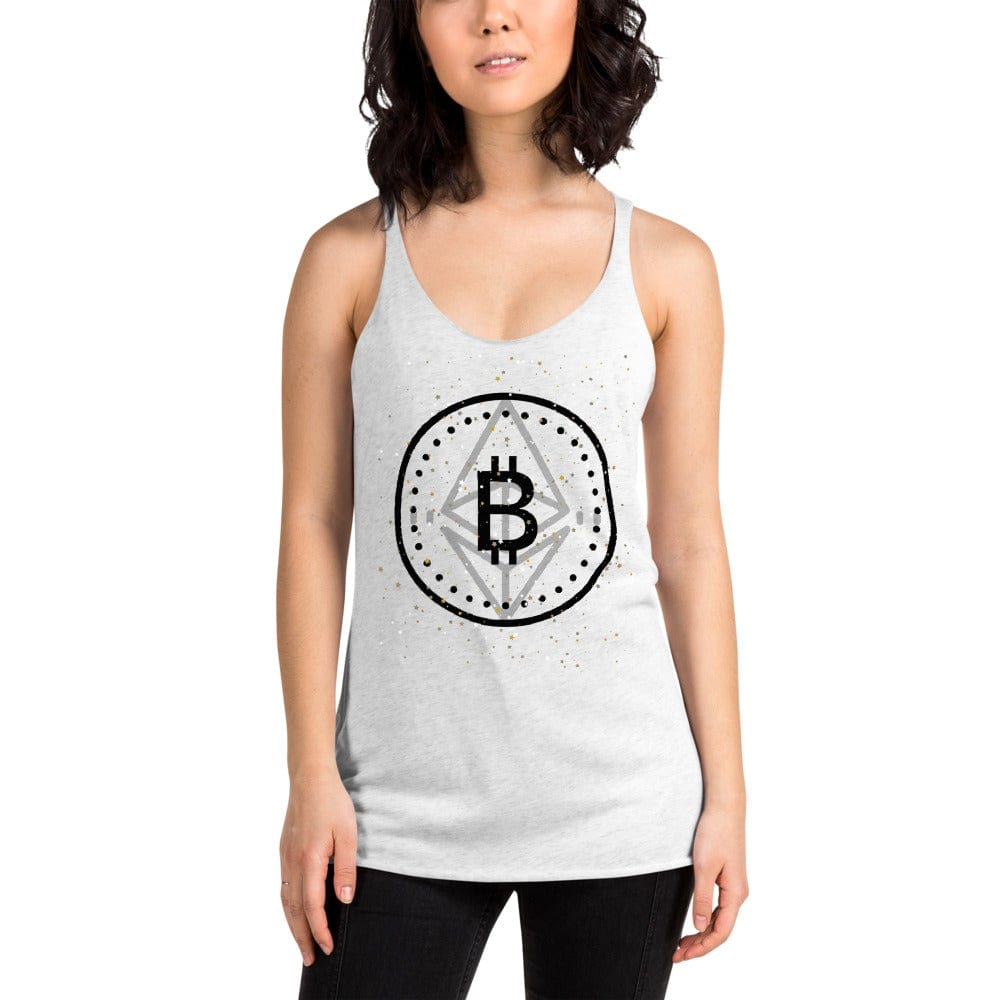 CryptoApparel.cool Heather White / XS Women's Racerback 'Bitcoin/Ethereum' Tank