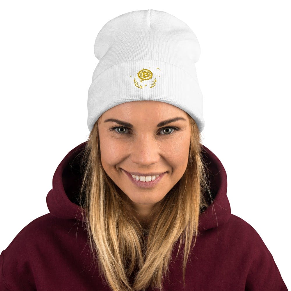 CryptoApparel.cool White Embroidered Bitcoin Beanie